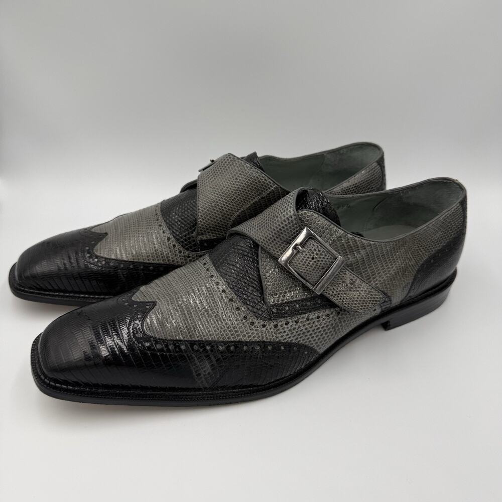 Belvedere 11.5 Lizard Skin Monk Strap Dress Shoes Gray Black Square Toe - Picture 4 of 13